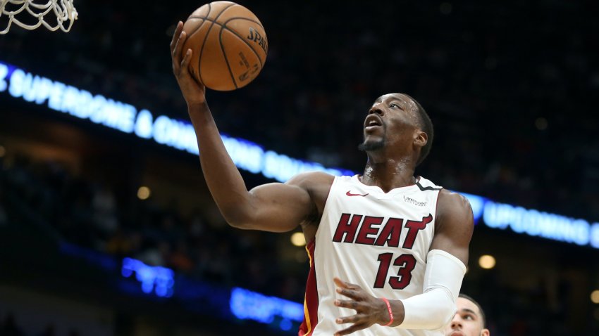 Mar 6, 2020; New Orleans, Louisiana, USA; Miami Heat forward Bam Adebayo (13) shoots against the New Orleans Pelicans in the second quarter at the Smoothie King Center. Mandatory Credit: Chuck Cook-USA TODAY Sports