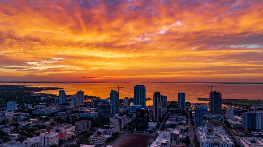 Sunrise on St. Petersburg Florida facing Atlantic Ocean explodes into orange color. (Photo by: Joe Sohm/Visions of America/Universal Images Group via Getty Images)