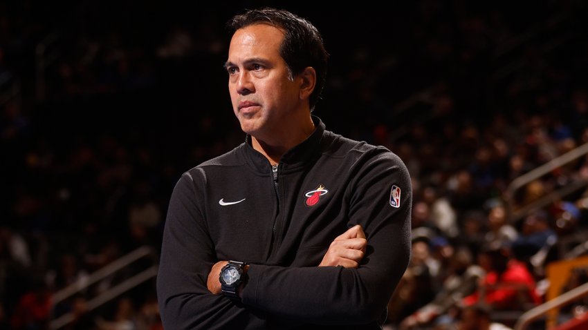 DETROIT, MI – NOOVEMBER 12:  Miami Heat Head Coach Erik Spoelstra looks on during the Emirates NBA Cup game on November 12, 2024 at Little Caesars Arena in Detroit, Michigan. NOTE TO USER: User expressly acknowledges and agrees that, by downloading and/or using this photograph, User is consenting to the terms and conditions of the Getty Images License Agreement. Mandatory Copyright Notice: Copyright 2024 NBAE (Photo by Brian Sevald/NBAE via Getty Images)