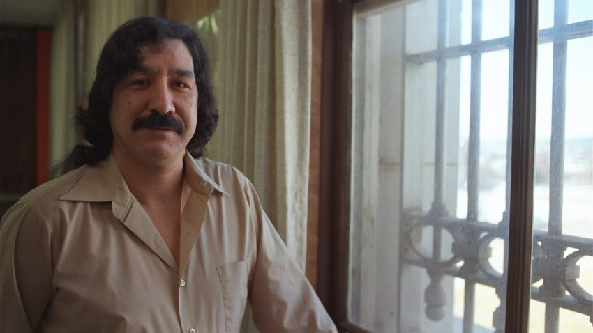 American Indian Leonard Peltier, who is serving two life sentences for the 1975 murder of two FBI agents, is shown in prison, in Feb. 1986.