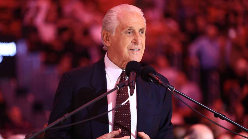 MIAMI, FLORIDA – OCTOBER 23: Pat Riley speaks during a ceremony celebrating his court dedication at Kaseya Center on October 23, 2024 in Miami, Florida. NOTE TO USER: User expressly acknowledges and agrees that, by downloading and or using this photograph, User is consenting to the terms and conditions of the Getty Images License Agreement. (Photo by Carmen Mandato/Getty Images)