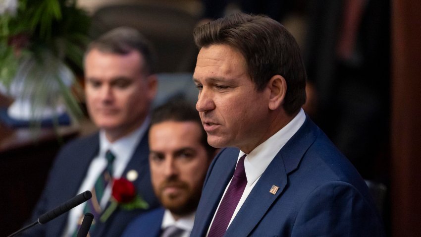 Florida Gov. Ron DeSantis delivers his State of the State address during the first day of the legislative session at the Florida State Capitol on Tuesday, March 4, 2025, in Tallahassee, Florida. (Matias J. Ocner/Miami Herald/Tribune News Service via Getty Images)