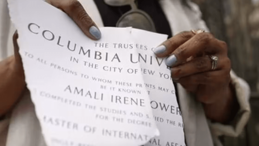 Amali Tower tears up her degree from Columbia University
