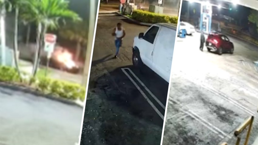 New surveillance videos captured a fiery crash, gunfire and a confrontation outside a Miami Gardens gas station early Tuesday.