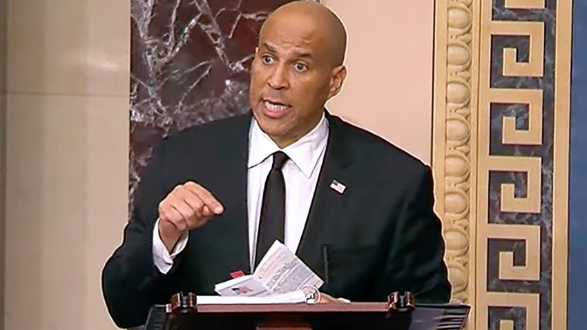 In this image provided by Senate Television, Sen, Cory Booker, D-N.J. speaks on the Senate floor, Tuesday morning, April 1, 2025.