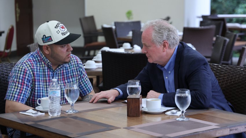 SAN SALVADOR, EL SALVADOR – APRIL 17: (EDITOR’S NOTE: This Handout image was provided by a third-party organization and may not adhere to Getty Images’ editorial policy.) In this handout provided by Sen. Van Hollen’s Office, U.S. Sen. Chris Van Hollen (D-MD) meets with Kilmar Armando Abrego Garcia (L) at an undisclosed location on April 17, 2025 in San Salvador, El Salvador. Abrego Garcia, a Maryland resident, was illegally deported by the Trump administration and has been held in prison in El Salvador since March 15. (Photo by Sen. Van Hollen’s Office via Getty Images)