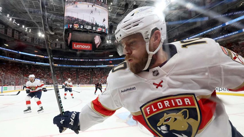 RALEIGH, NORTH CAROLINA – MAY 28: A.J. Greer #10 of the Florida Panthers skates along the boards in the second period during Game Five of the Eastern Conference Final of the 2025 Stanley Cup Playoffs against the Carolina Hurricanes at Lenovo Center on May 28, 2025 in Raleigh, North Carolina.  (Photo by Jared C. Tilton/Getty Images)
